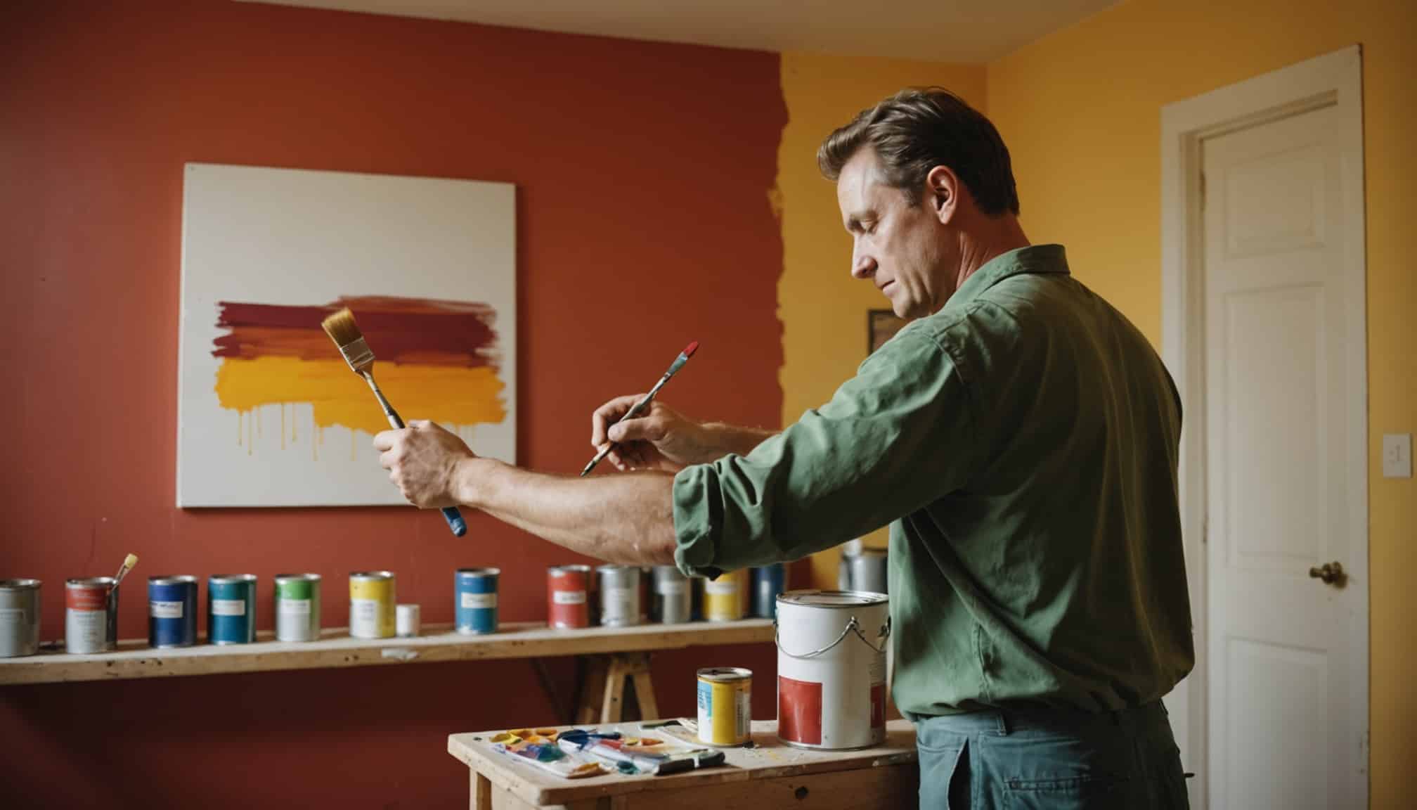 Artisan peintre au travail dans un atelier lumineux  
Palette de couleurs et pinceaux sur une table de peintre