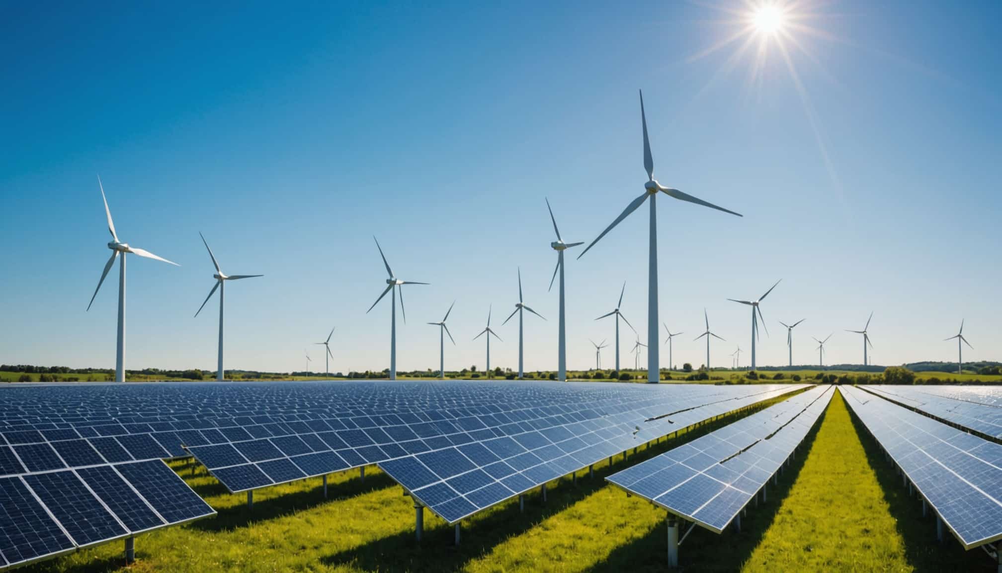 Éoliennes et panneaux solaires sous un ciel bleu  
Champ d'éoliennes avec des collines verdoyantes