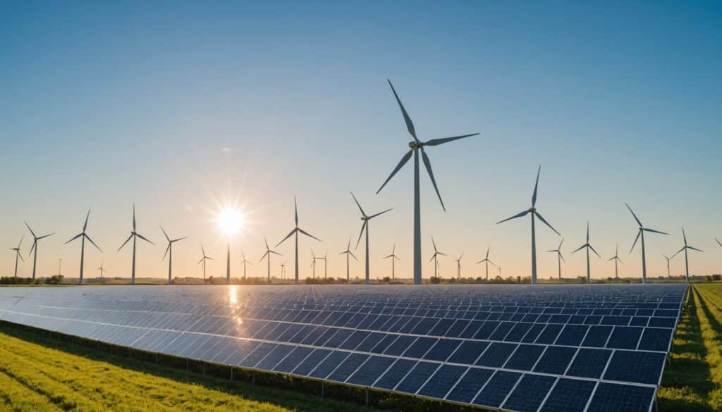 Éoliennes et panneaux solaires sous un ciel bleu